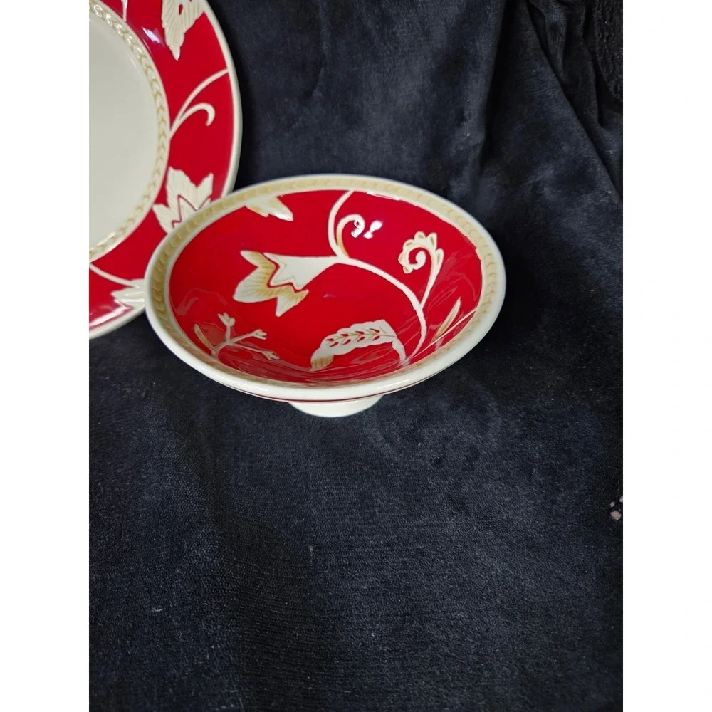 Fitz & Floyd Town And Country Collection Lot Footed Bowl Plate Cereal Bowl Red
